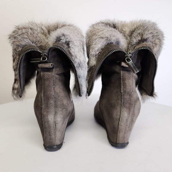 Aquatalia Womens 8 Genuine Fur Taupe Suede Fold Over Wedge Heel Back Zip Boots - Picture 5 of 15